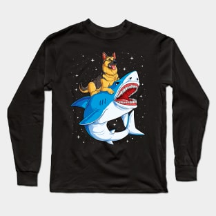 German Shepherd Riding Shark Space Galaxy Long Sleeve T-Shirt